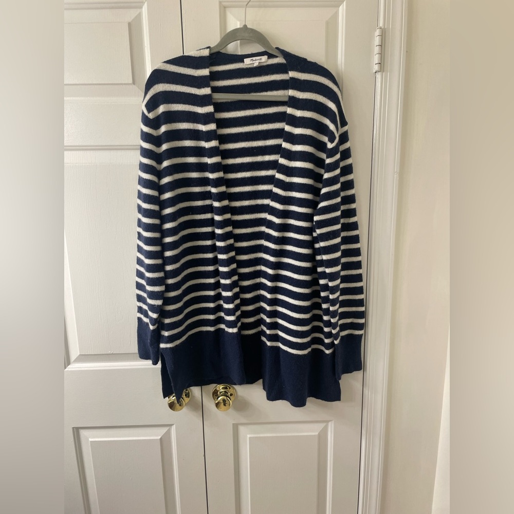 Madewell open front striped cardigan navy blue and cream. Large.